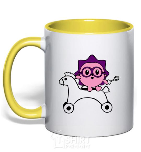 Mug with a colored handle A hedgehog on a horse yellow фото