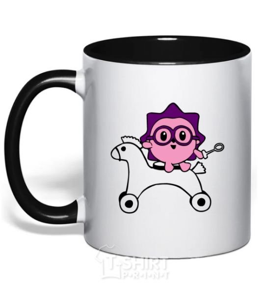 Mug with a colored handle A hedgehog on a horse black фото