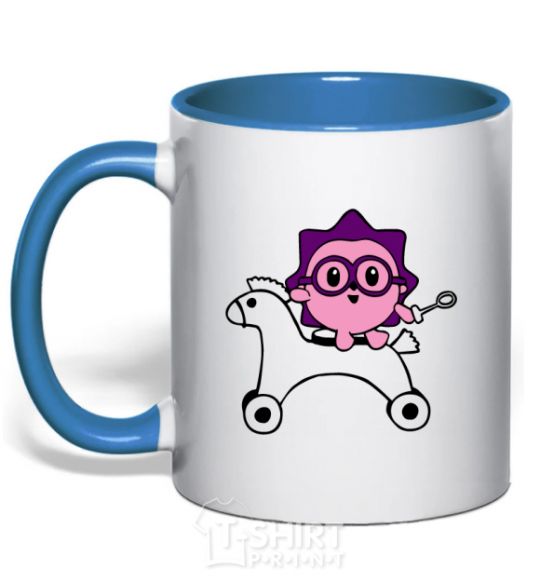 Mug with a colored handle A hedgehog on a horse royal-blue фото