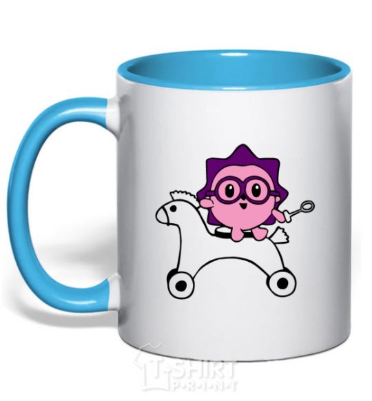 Mug with a colored handle A hedgehog on a horse sky-blue фото