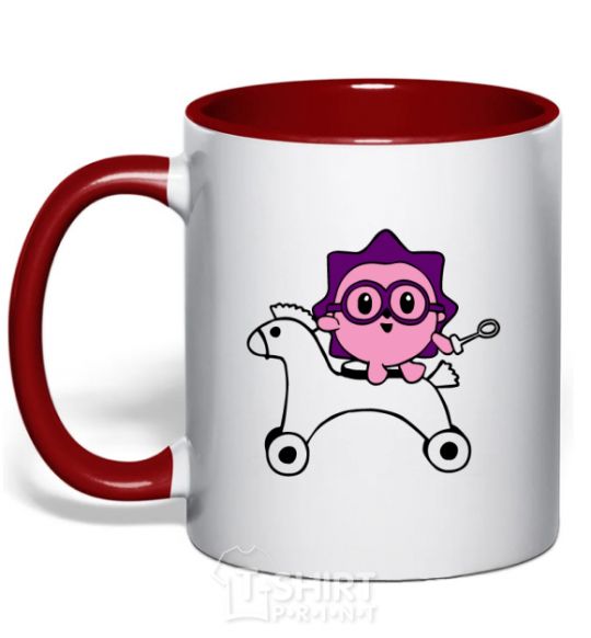 Mug with a colored handle A hedgehog on a horse red фото