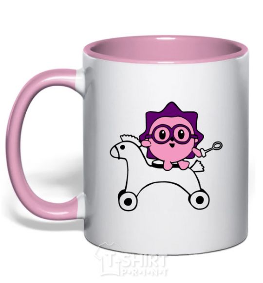Mug with a colored handle A hedgehog on a horse light-pink фото