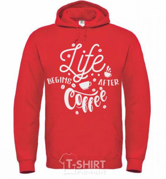 Men`s hoodie Life begins after coffee bright-red фото