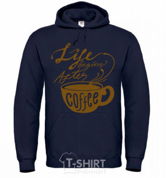 Men`s hoodie Life begins after coffee cup navy-blue фото