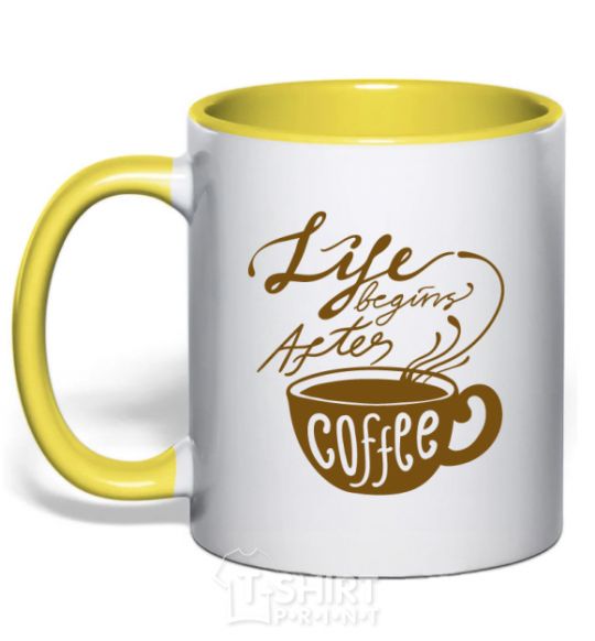 Mug with a colored handle Life begins after coffee cup yellow фото