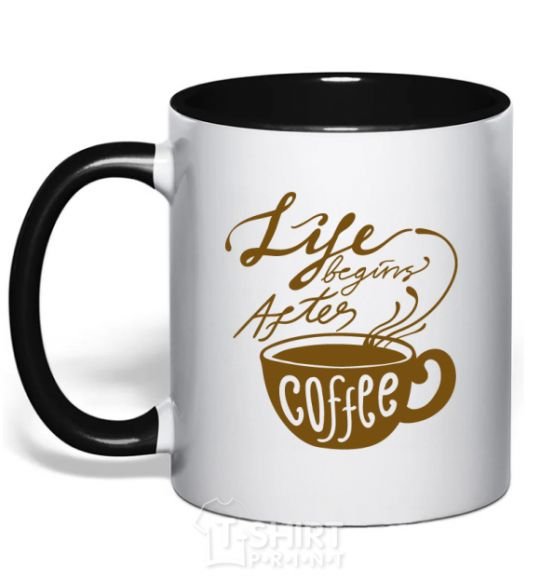 Mug with a colored handle Life begins after coffee cup black фото