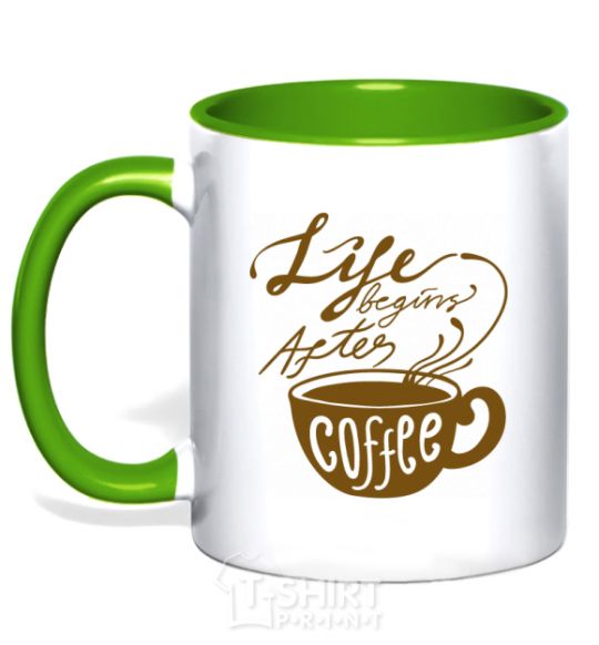 Mug with a colored handle Life begins after coffee cup kelly-green фото