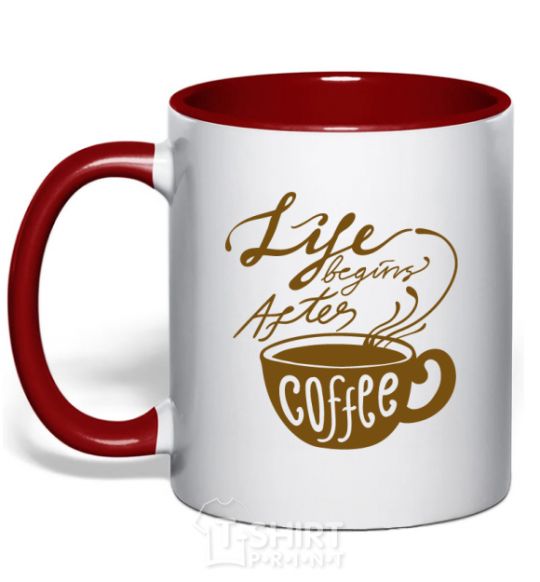 Mug with a colored handle Life begins after coffee cup red фото