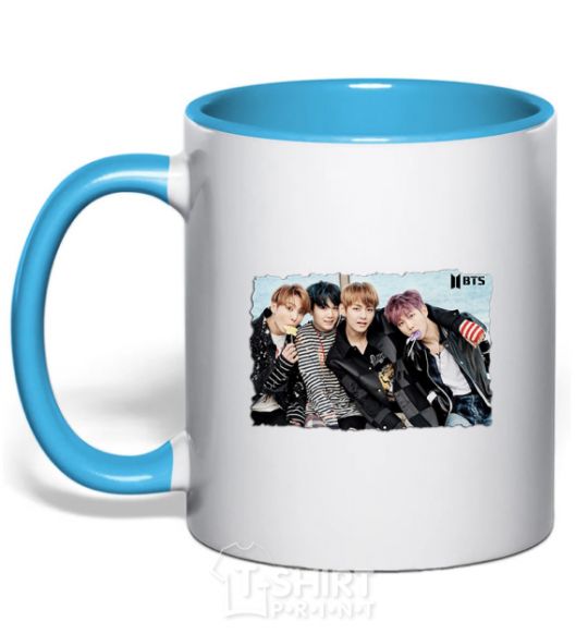 Mug with a colored handle BTS photo sky-blue фото
