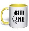 Mug with a colored handle Bite me worm yellow фото