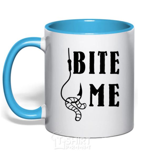 Mug with a colored handle Bite me worm sky-blue фото