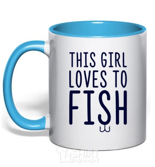 Чашка с цветной ручкой This girl loves to fish Голубой фото