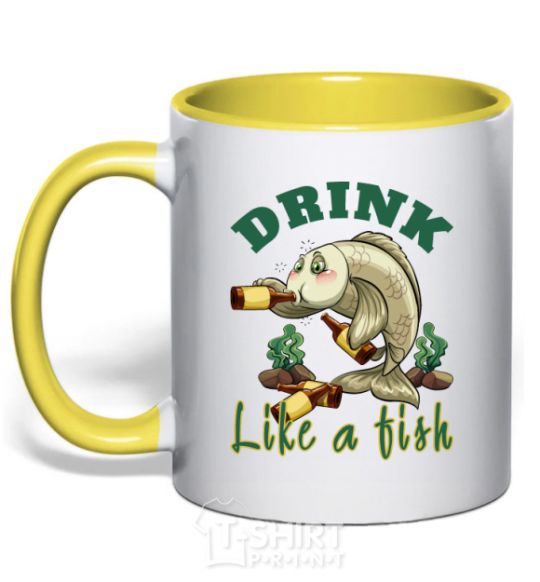Mug with a colored handle Drink like a fish yellow фото