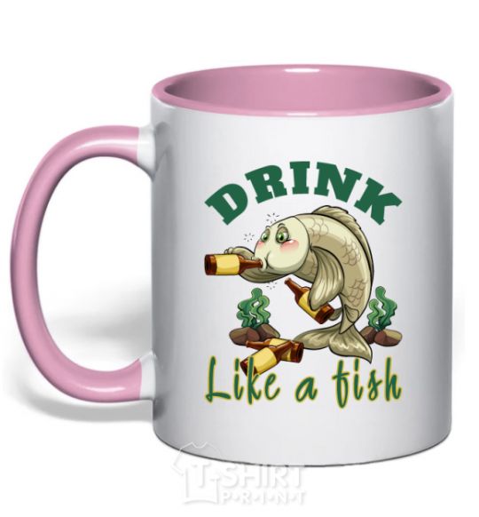 Mug with a colored handle Drink like a fish light-pink фото
