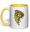 Mug with a colored handle Scary pizza yellow фото