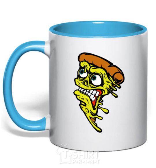 Mug with a colored handle Scary pizza sky-blue фото