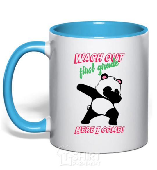Mug with a colored handle Wach out first grade here i come sky-blue фото