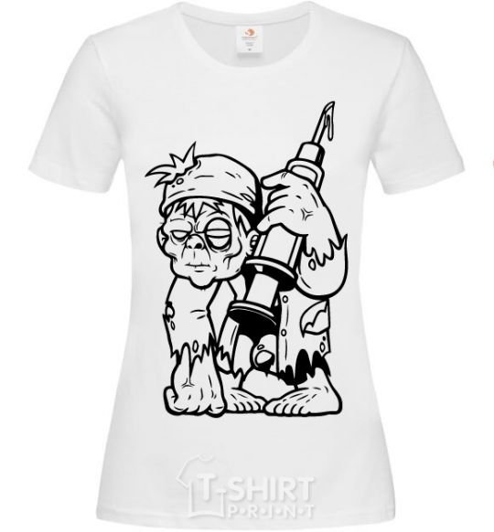 Women's T-shirt A zombie with a syringe White фото