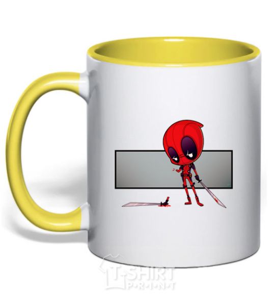 Mug with a colored handle Deadpool hand yellow фото