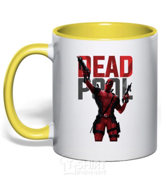 Mug with a colored handle Deadpool and guns yellow фото