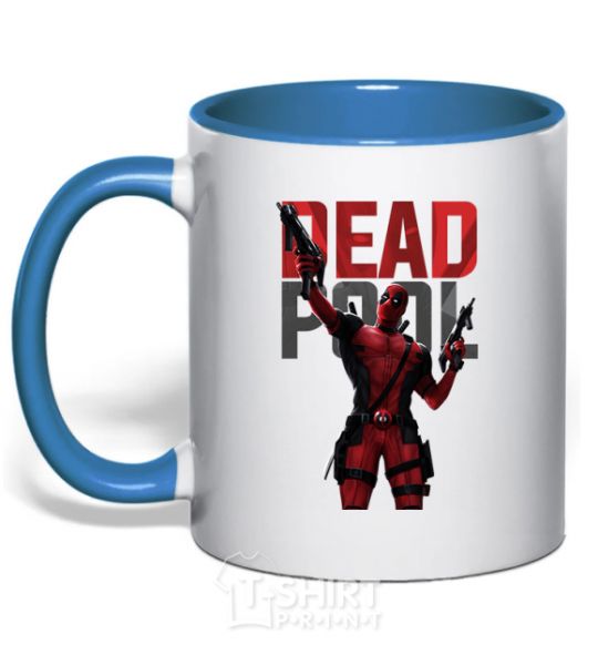 Mug with a colored handle Deadpool and guns royal-blue фото
