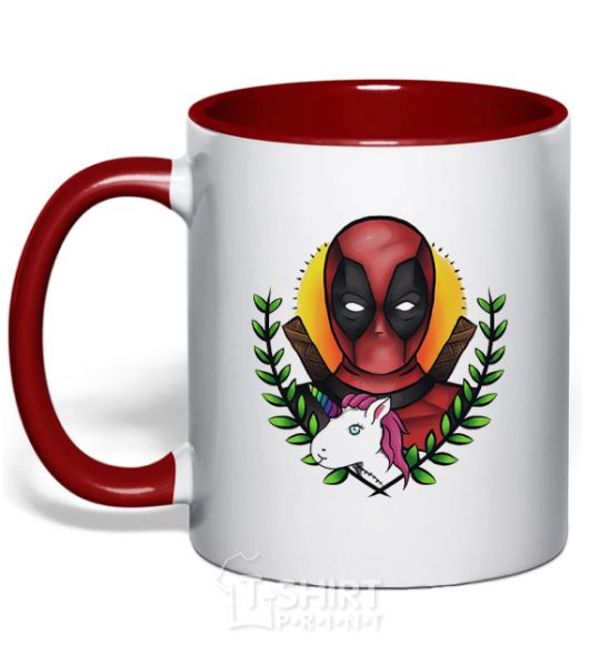 Mug with a colored handle Cool Deadpool red фото