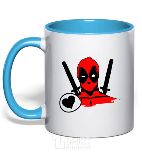 Mug with a colored handle Deadpool's love sky-blue фото