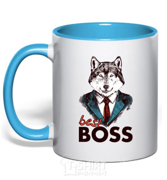 Mug with a colored handle Best Boss sky-blue фото