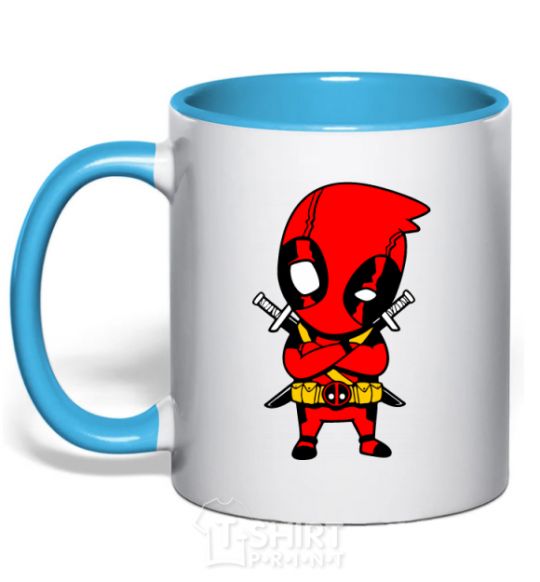 Mug with a colored handle Deadpool with swords sky-blue фото