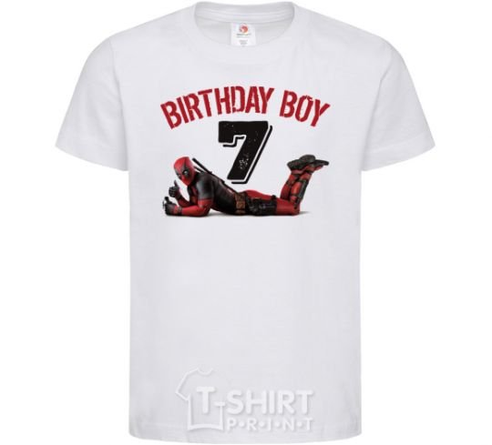 Kids T-shirt Birthday boy 7 with deadpool White фото