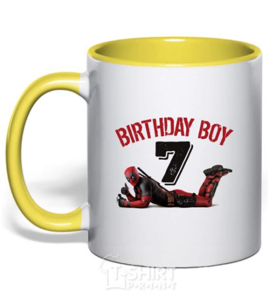 Чашка с цветной ручкой Birthday boy 7 with deadpool Солнечно желтый фото