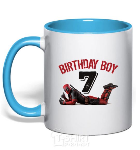 Чашка с цветной ручкой Birthday boy 7 with deadpool Голубой фото