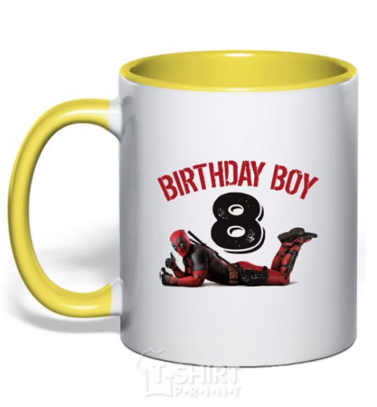 Mug with a colored handle Birthday boy 8 with deadpool yellow фото