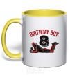 Mug with a colored handle Birthday boy 8 with deadpool yellow фото