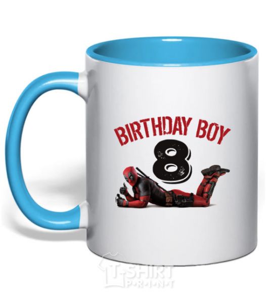 Mug with a colored handle Birthday boy 8 with deadpool sky-blue фото