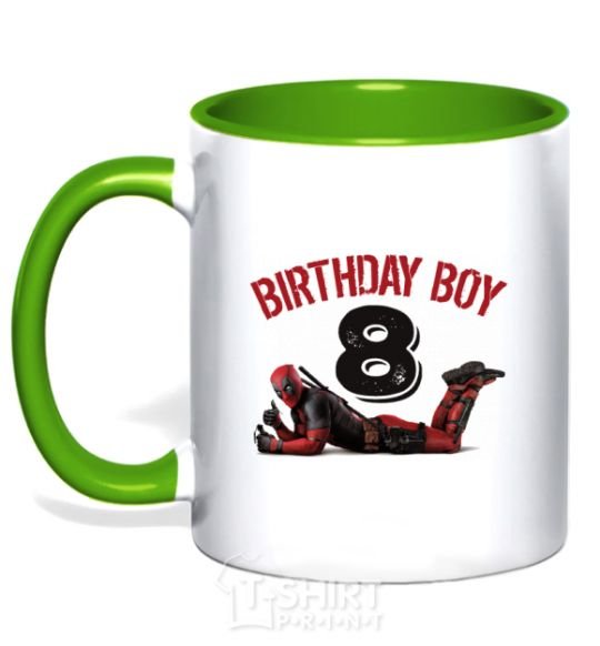 Mug with a colored handle Birthday boy 8 with deadpool kelly-green фото