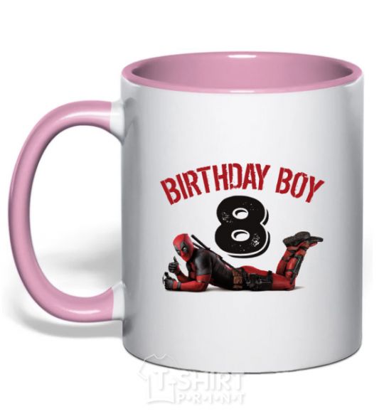 Mug with a colored handle Birthday boy 8 with deadpool light-pink фото