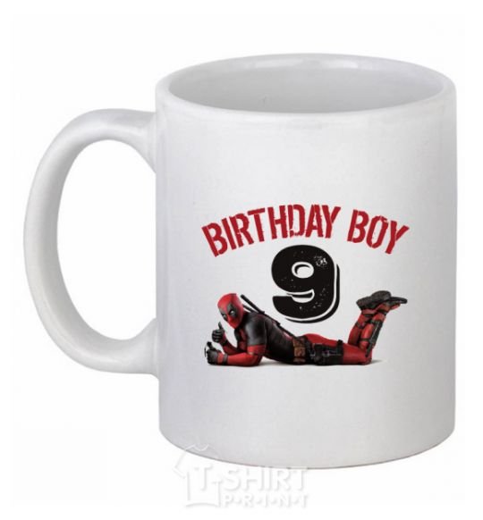 Ceramic mug Birthday boy 9 with deadpool White фото