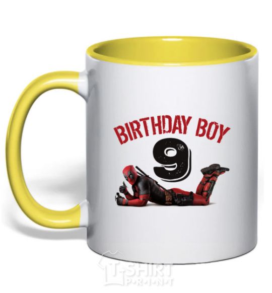 Mug with a colored handle Birthday boy 9 with deadpool yellow фото