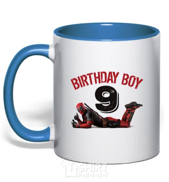 Mug with a colored handle Birthday boy 9 with deadpool royal-blue фото