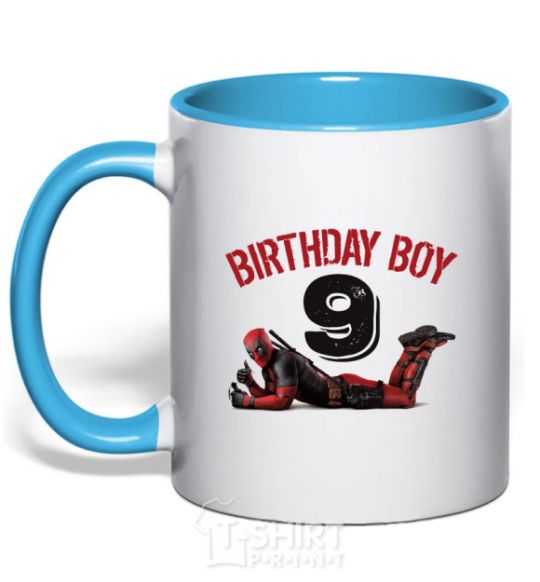 Mug with a colored handle Birthday boy 9 with deadpool sky-blue фото