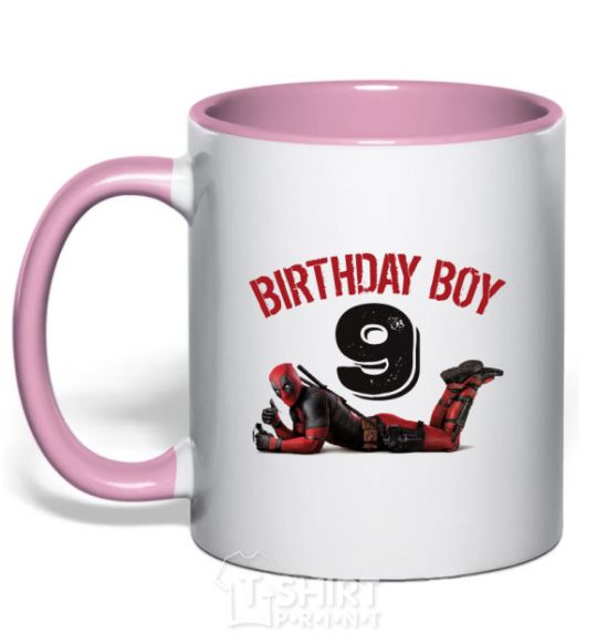 Mug with a colored handle Birthday boy 9 with deadpool light-pink фото