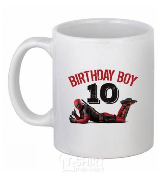 Ceramic mug Birthday boy 10 with deadpool White фото