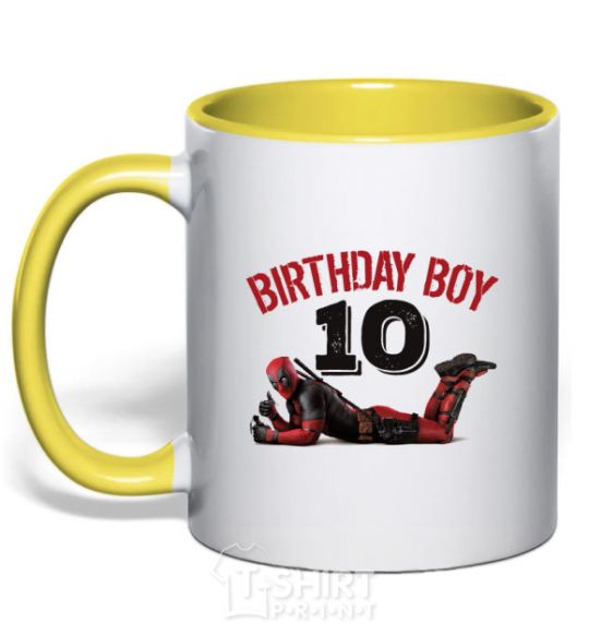 Mug with a colored handle Birthday boy 10 with deadpool yellow фото