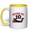 Mug with a colored handle Birthday boy 10 with deadpool yellow фото