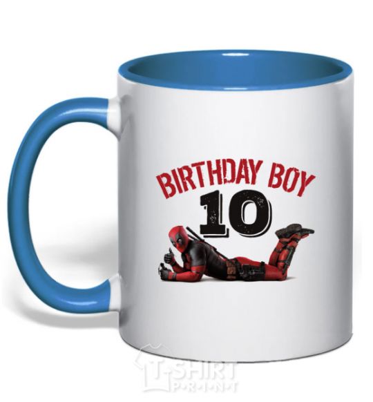 Mug with a colored handle Birthday boy 10 with deadpool royal-blue фото