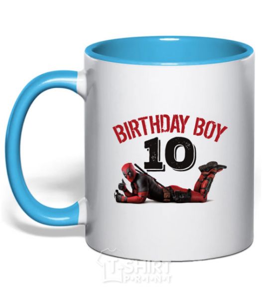 Mug with a colored handle Birthday boy 10 with deadpool sky-blue фото