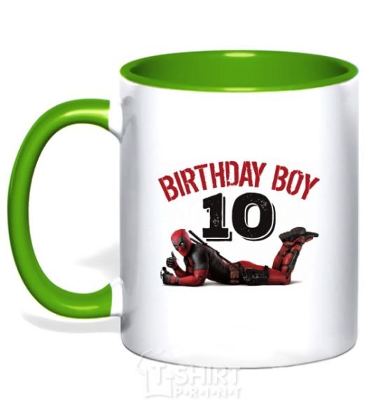 Mug with a colored handle Birthday boy 10 with deadpool kelly-green фото