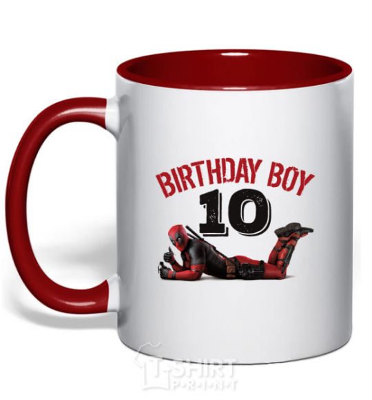 Mug with a colored handle Birthday boy 10 with deadpool red фото