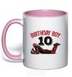 Mug with a colored handle Birthday boy 10 with deadpool light-pink фото